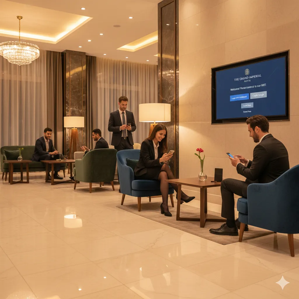 Hotel lobby with guest WiFi captive portal on smartphone