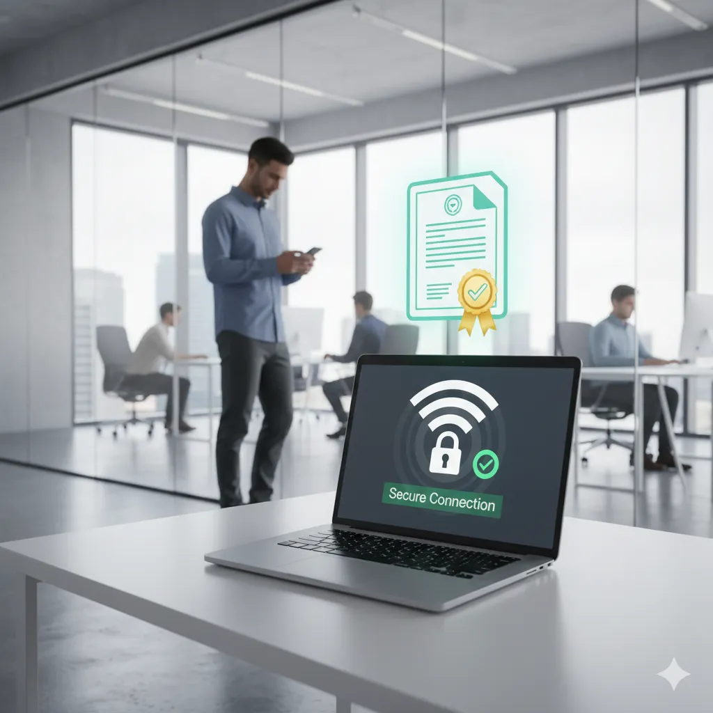 Digital certificate authentication on laptop screen