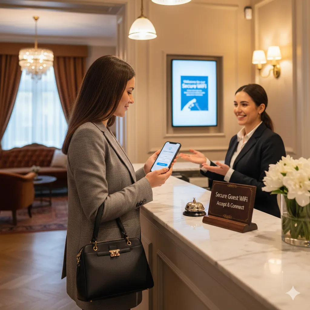 Hotel guest connecting to GDPR-compliant WiFi network