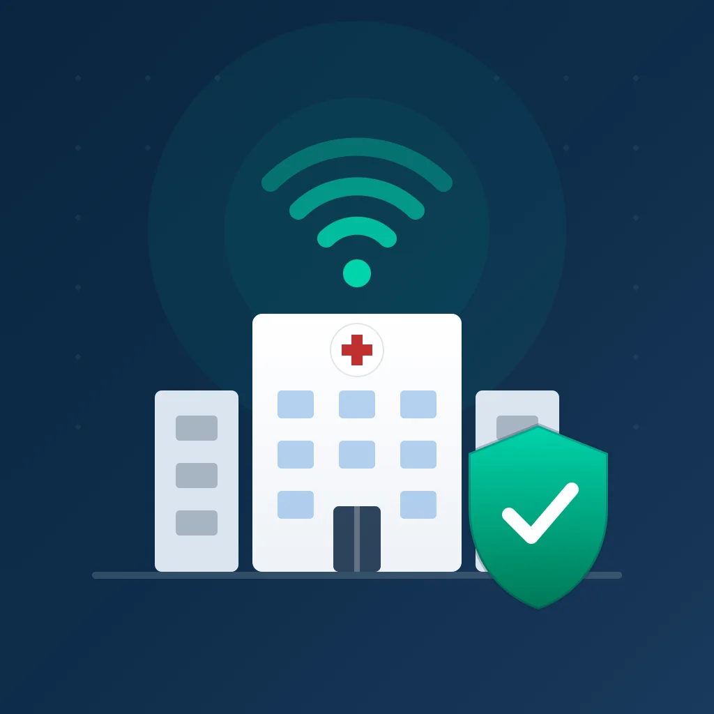 Hospital building with secure guest WiFi coverage and HIPAA compliance shield
