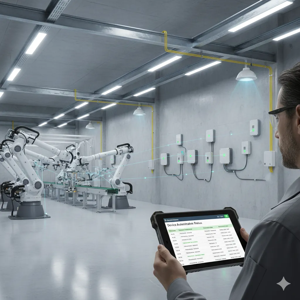 Industrial IoT devices connected to secure WiFi network in a factory