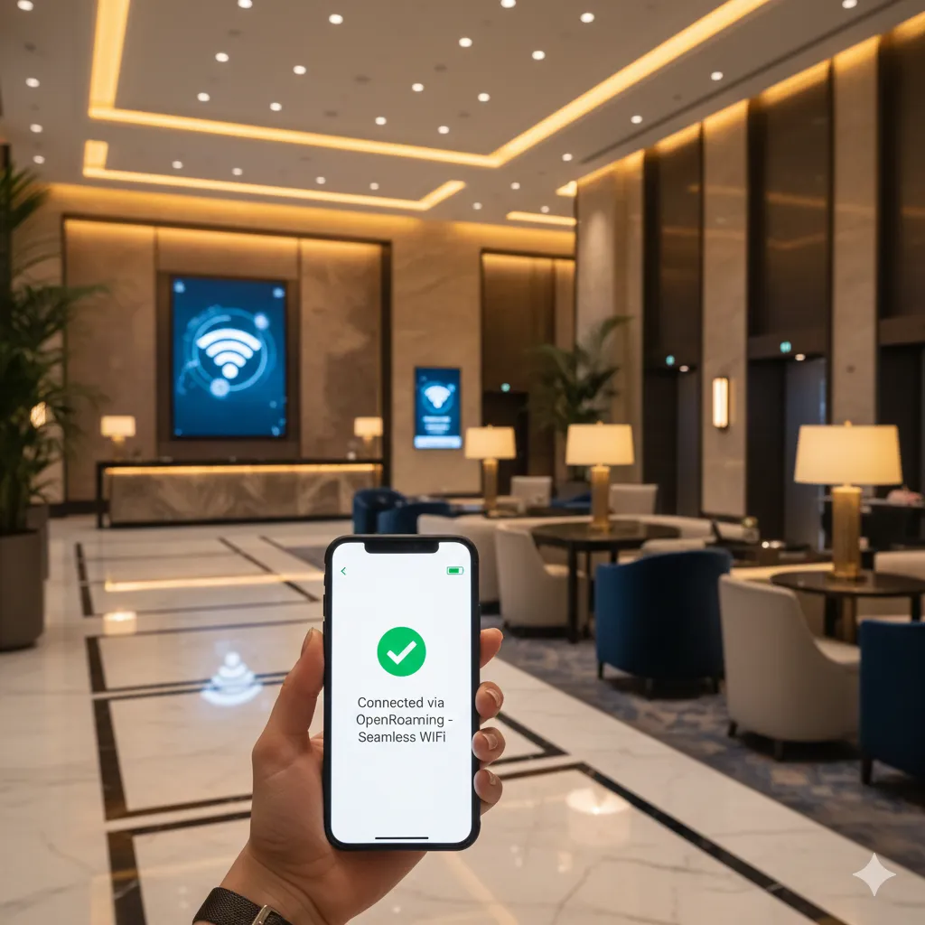 Hotel guest experiencing seamless Passpoint WiFi connection