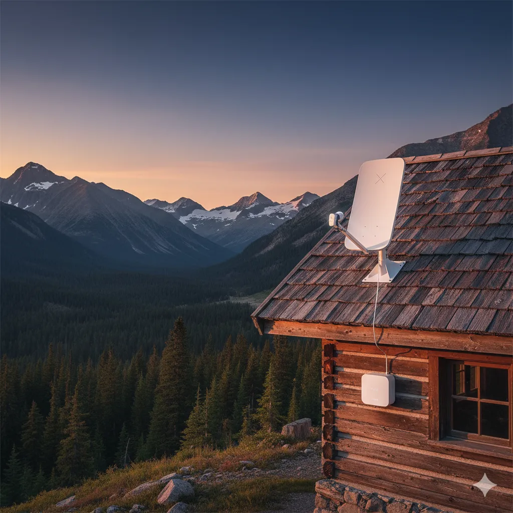 Starlink satellite dish on rural mountain lodge providing WiFi connectivity