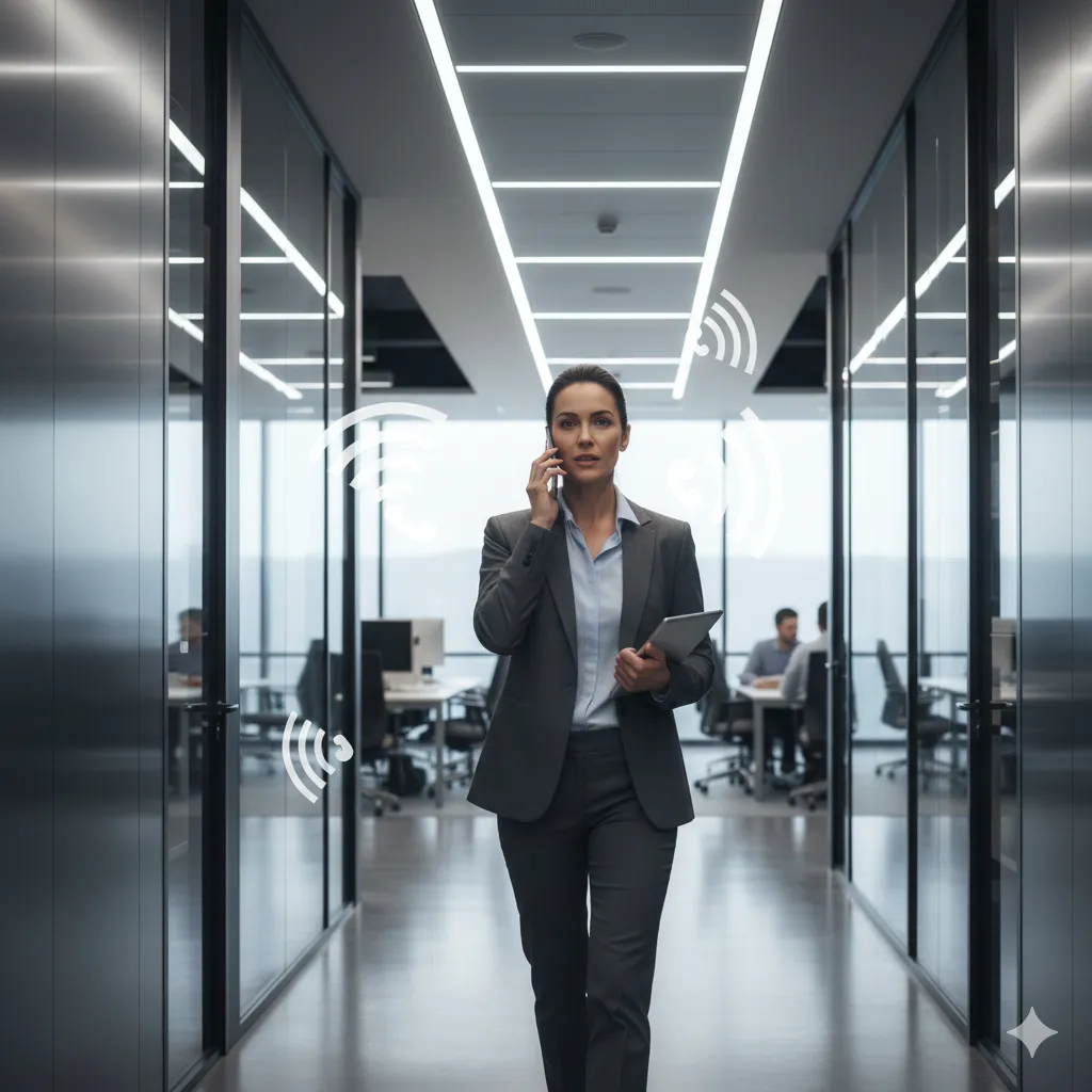 Business professional making a WiFi call in modern office corridor