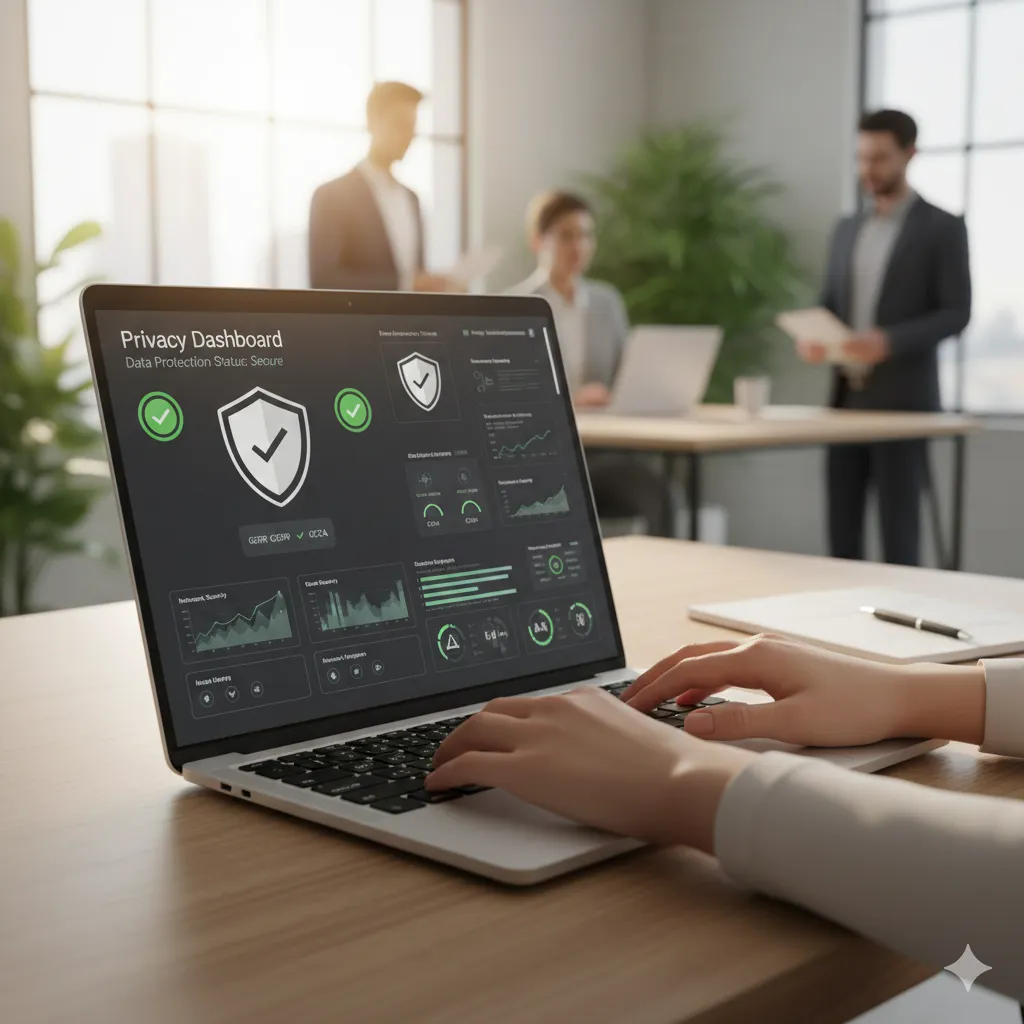 Laptop displaying data privacy dashboard with compliance metrics