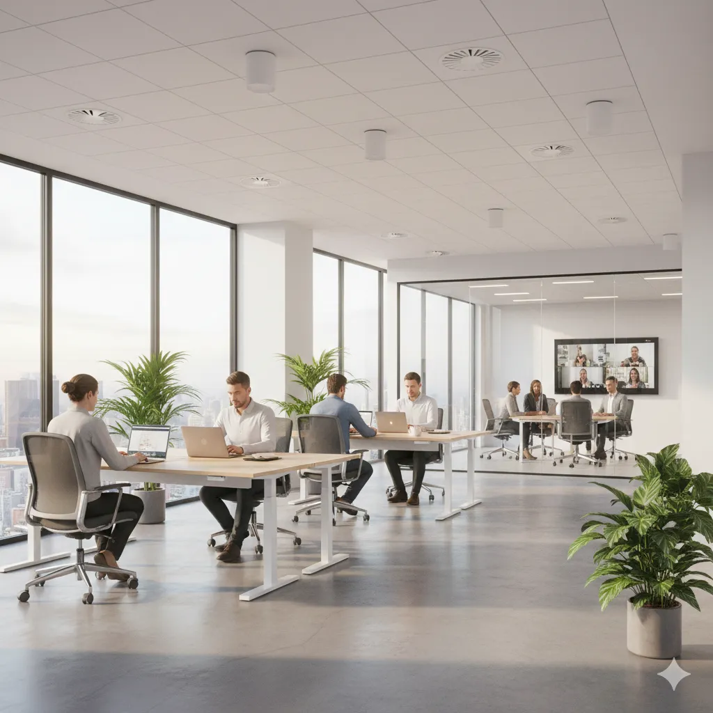 Modern enterprise office with Wi-Fi 7 access points and employees working
