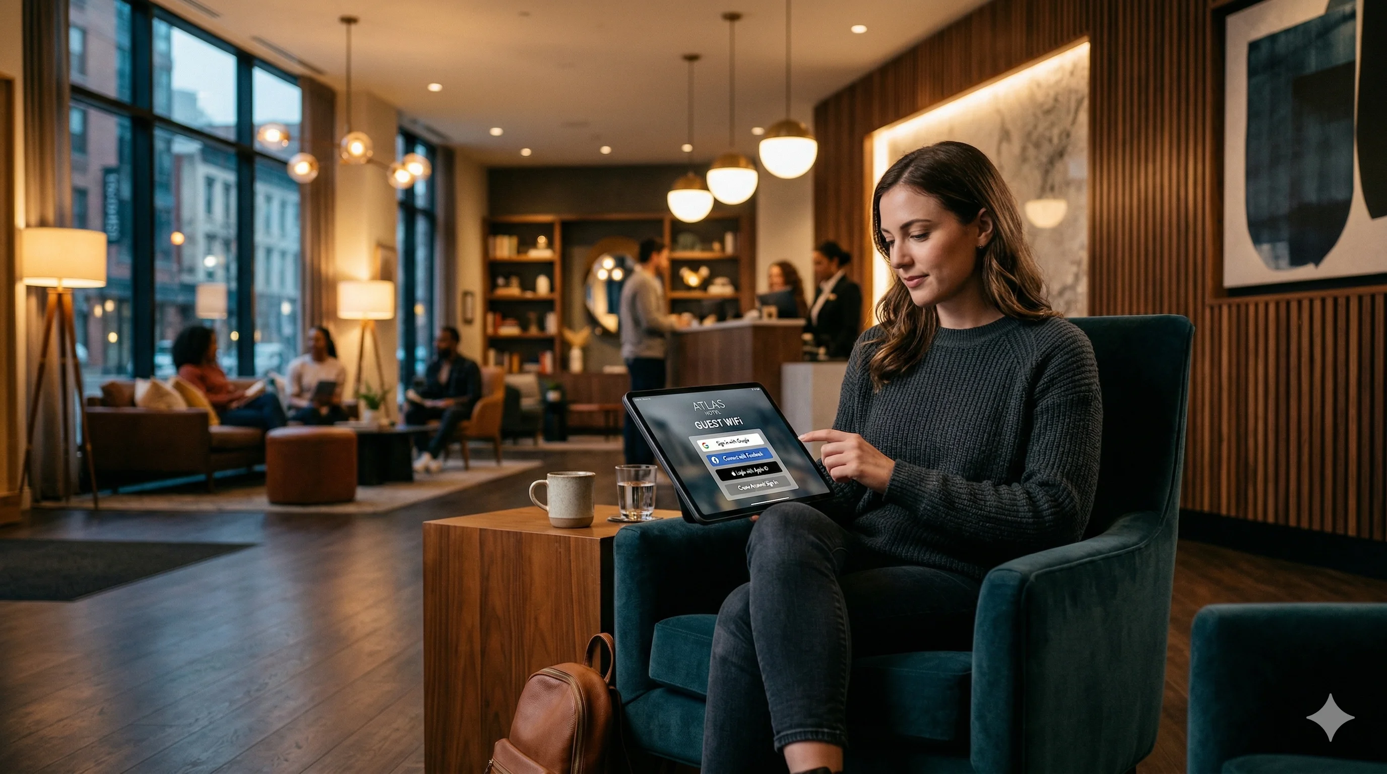 Guest connecting to WiFi captive portal in hotel lobby