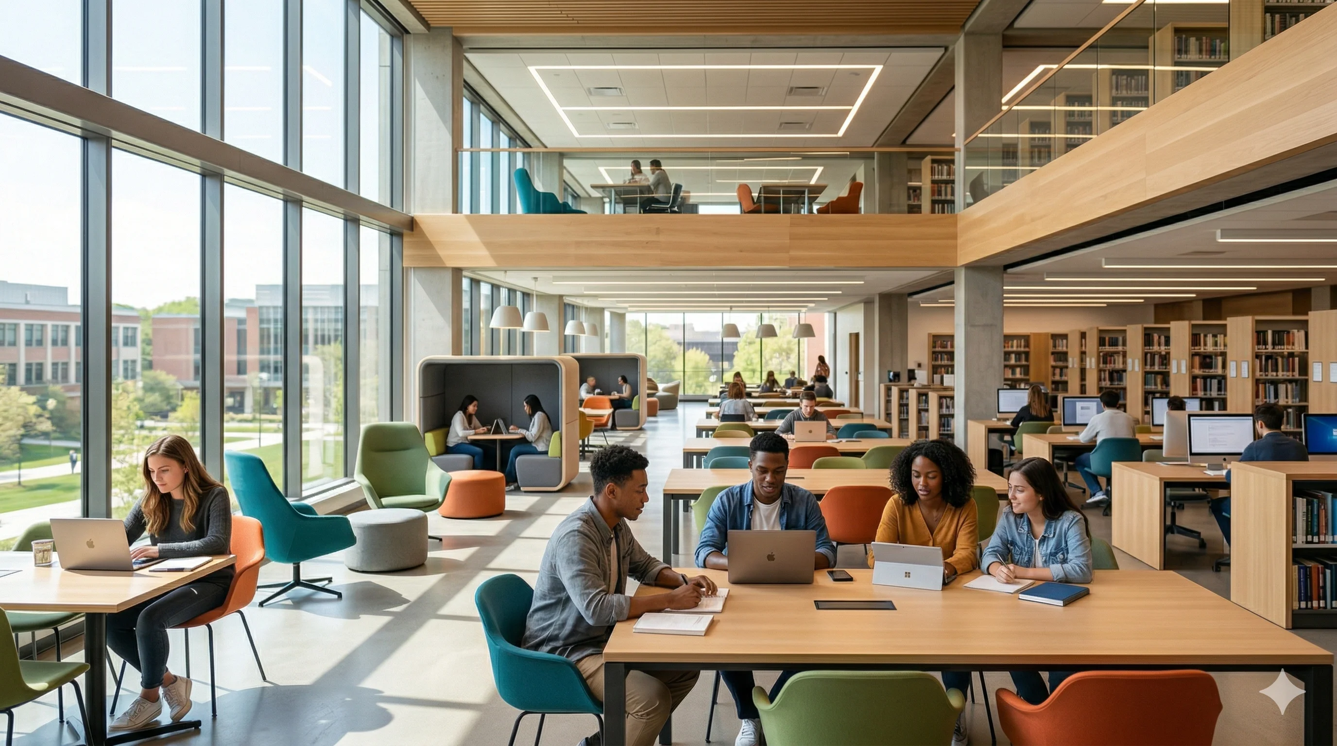 Students studying with laptops in modern university library