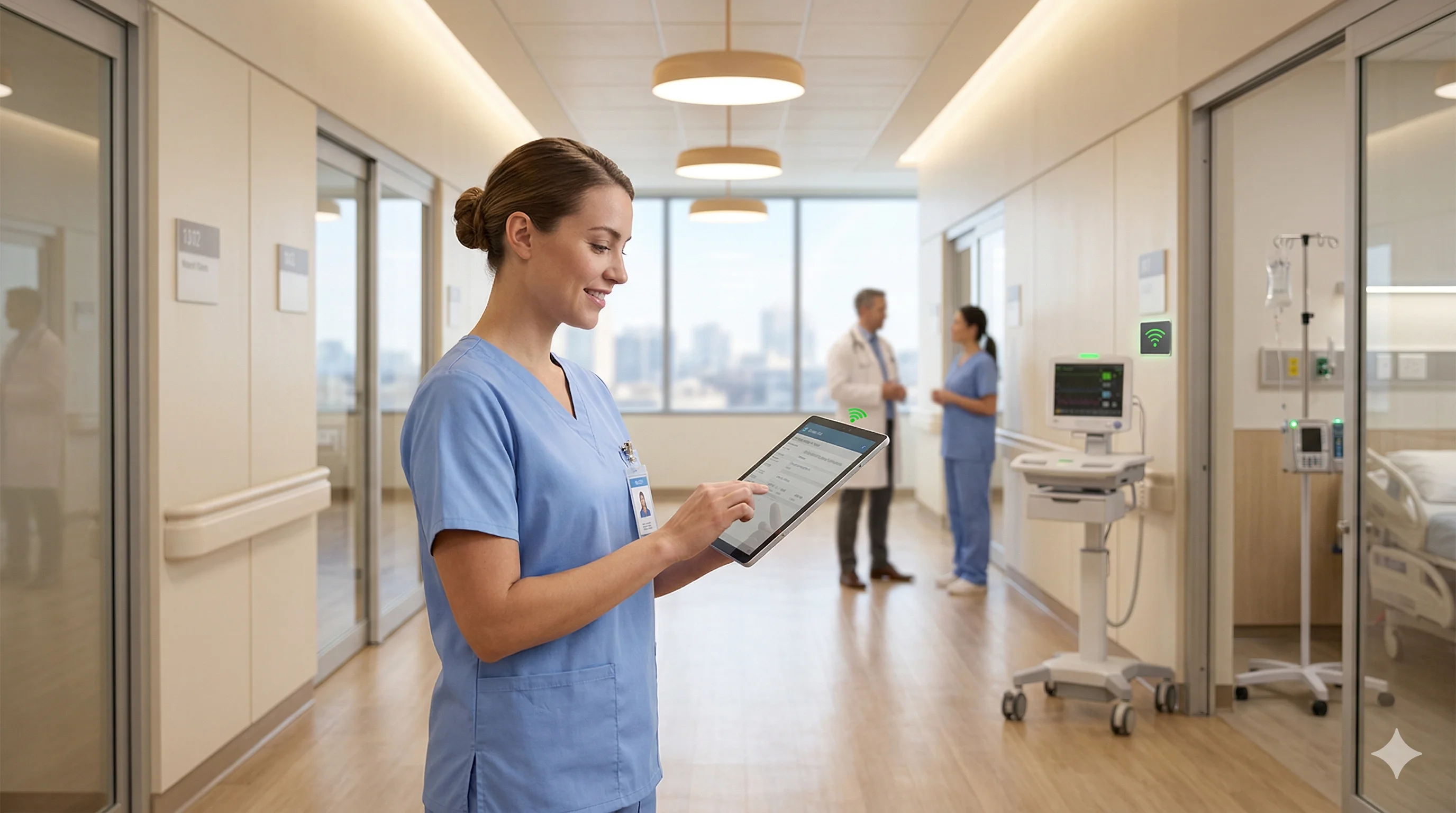 Nurse using tablet with connected medical equipment in hospital